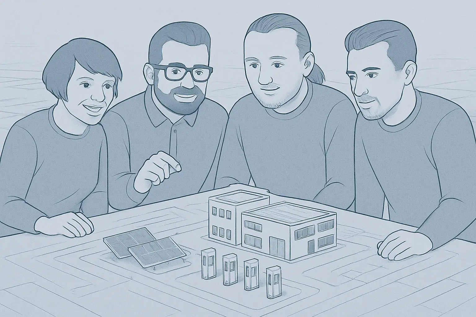 Illustration: das PLANRG-Team bespricht ein Anlagenmodell
